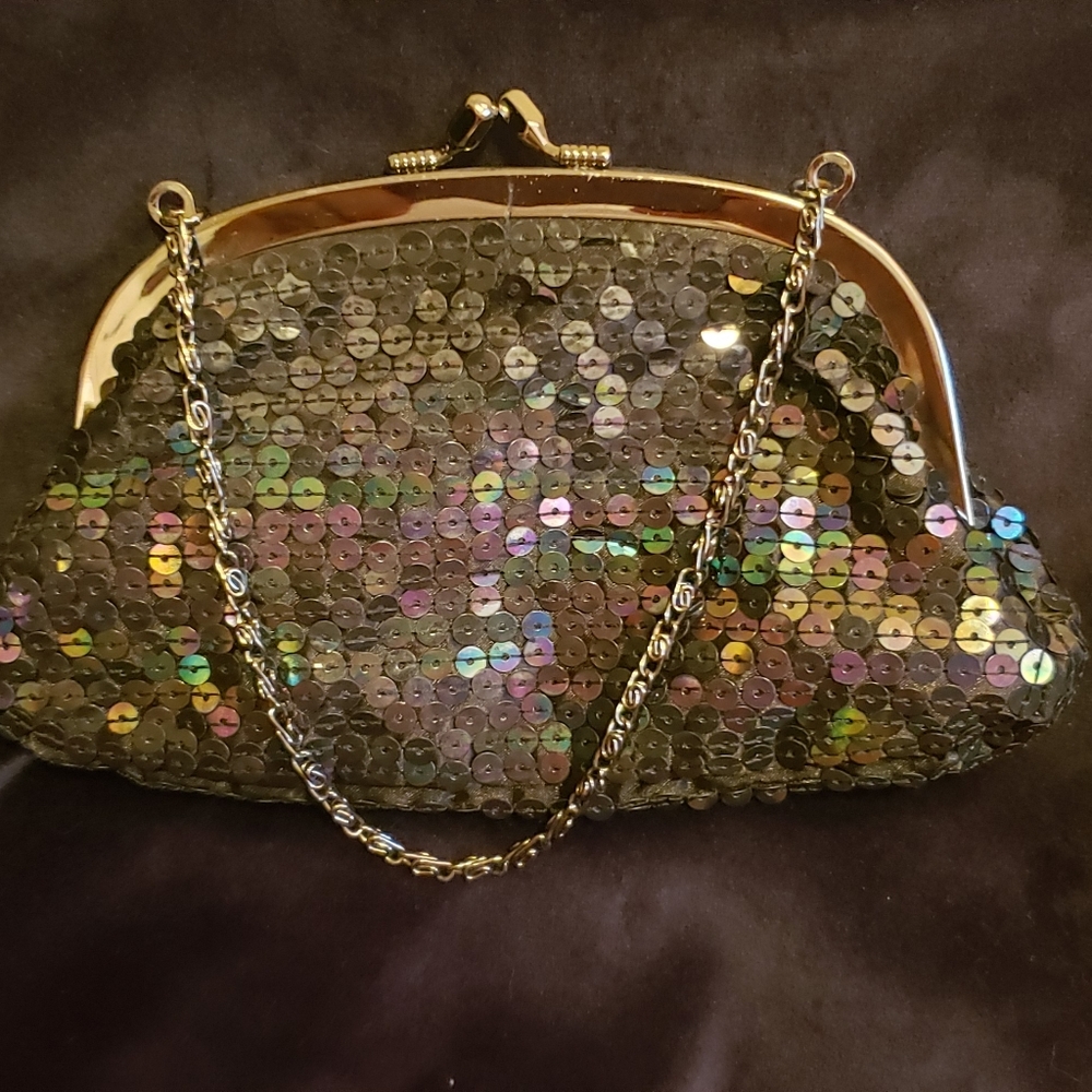 Old Navy Dark Sequin Evening Clutch With Silvertone Hardware